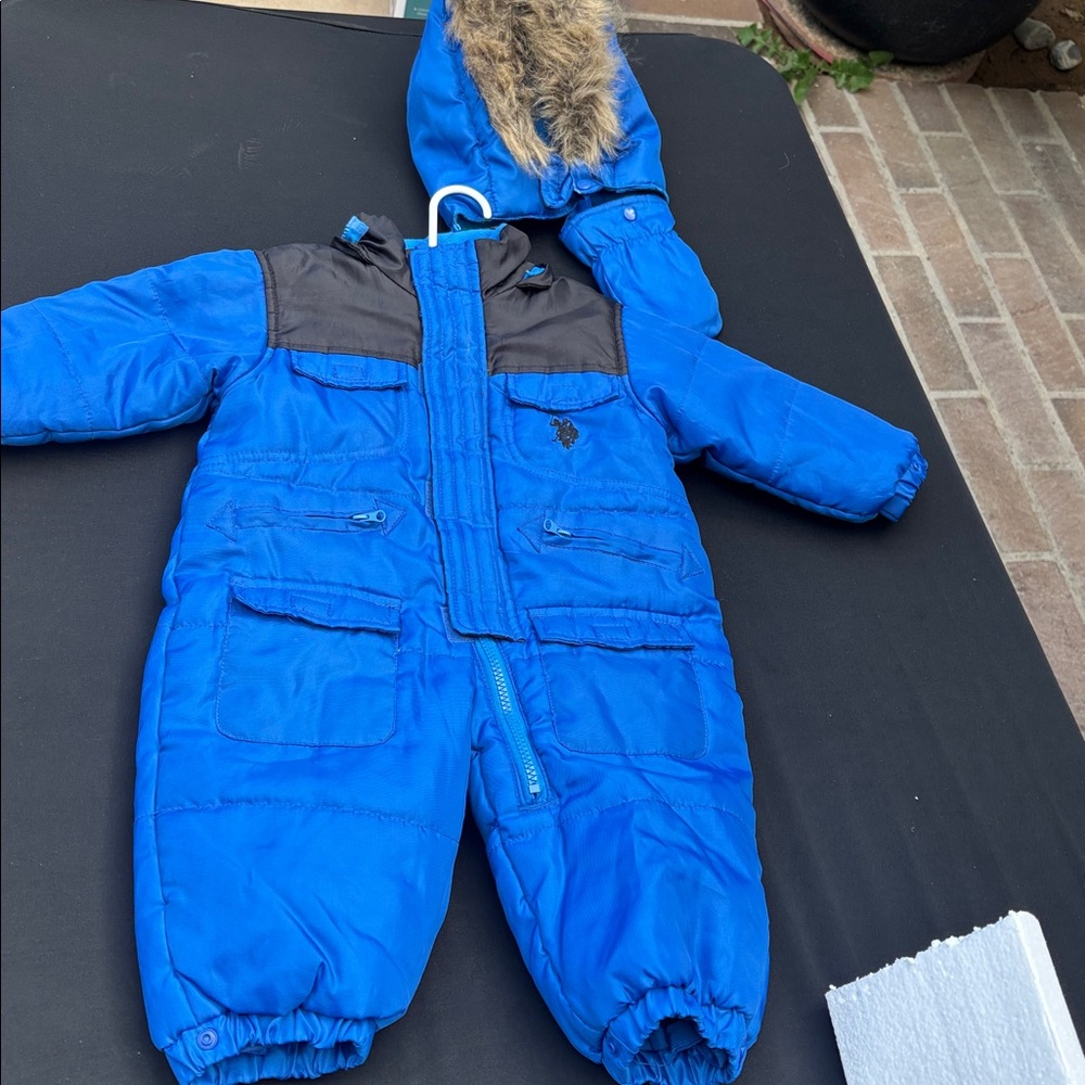 Blue Infant Snowsuit with Fur Trimmed Hood